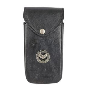 VINTAGE-STYLE UNIQUE BLACK LEATHER CELL PHONE CASE W/ ROOSTER MEDALLION 7" x 4"